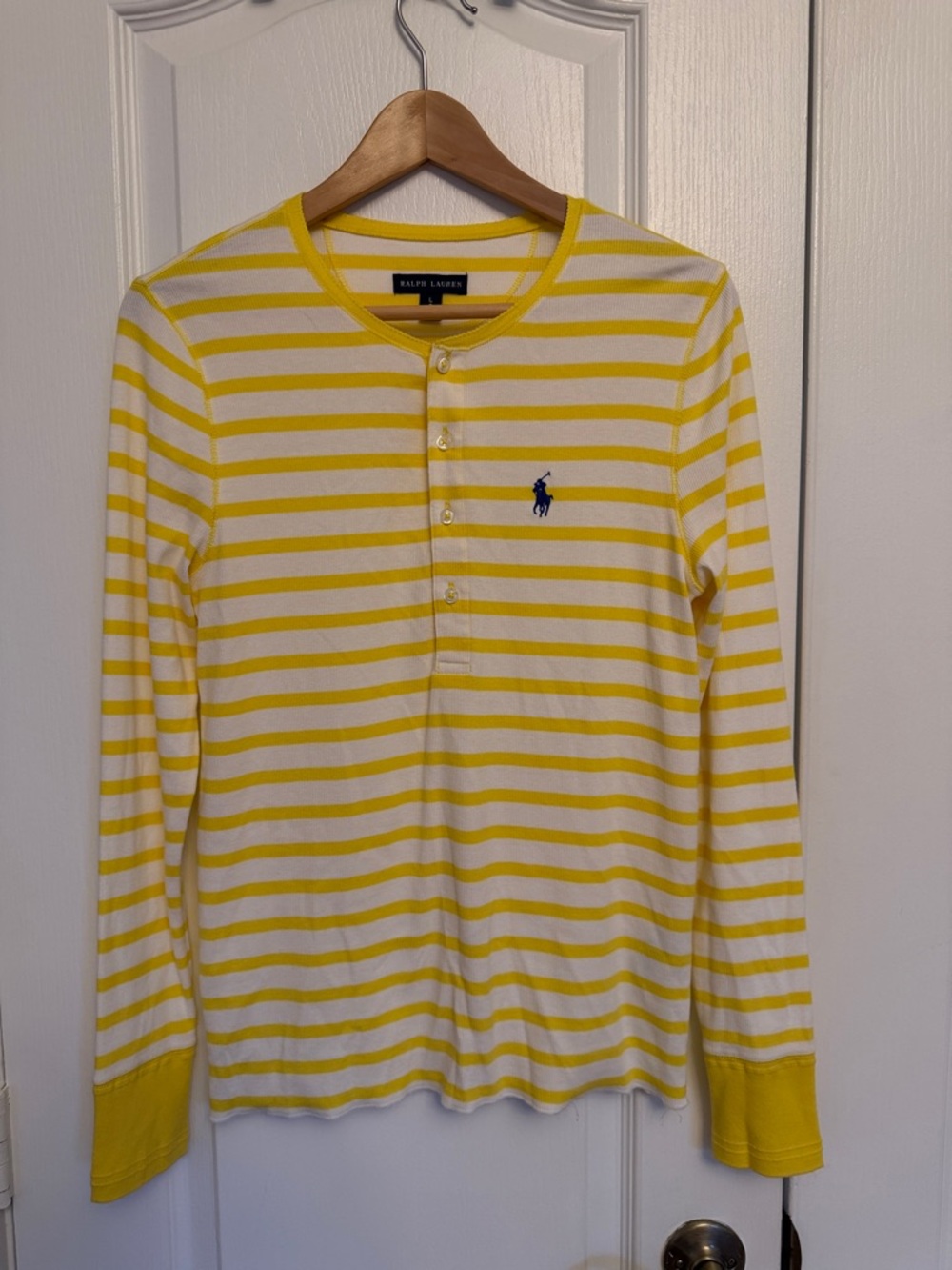 Ralph Lauren Yellow & White Striped Henley with Blue Polo Logo